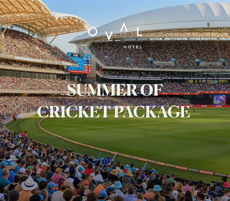 A packed cricket stadium surrounds a green field, with Summer of Cricket Package text overlaid.