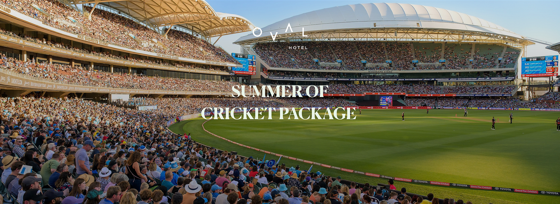 A packed cricket stadium surrounds a green field, with Summer of Cricket Package text overlaid.